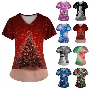 Женский топ с короткими рукавами и рождественским принтом, V-образным вырезом и карманом XL синий