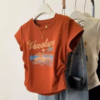 Женский топ с короткими рукавами и складками из хлопка с принтом в стиле ретро L