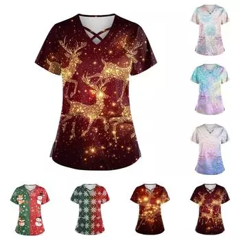 Женский топ с короткими рукавами, V-образным вырезом, рождественским принтом и карманом Dry-nurse S зелёный