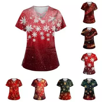 Женский топ с короткими рукавами, V-образным вырезом, рождественским принтом и карманом Dry-nurse S