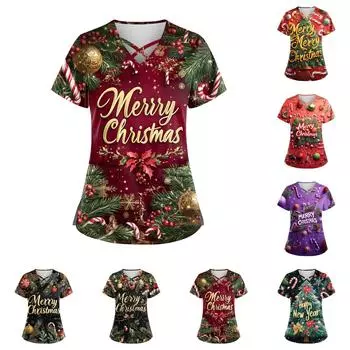 Женский топ с короткими рукавами, V-образным вырезом, рождественским принтом и карманом Dry-nurse XXXXXL чёрный