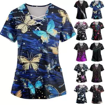 Женский топ с короткими рукавами, V-образным вырезом, цветочным принтом и карманом L чёрный