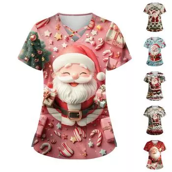 Женский топ с короткими рукавами, V-образным вырезом, рождественским принтом и карманом Dry-nurse L винный