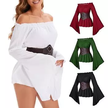 Женский топ с корсетом, средневековый пиратский блузка с открытыми плечами, нестандартные расклешенные рукава, лепестковый подол, костюм для косплея на фестивале S зелёный