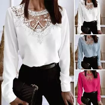 Женский топ с круглым вырезом, ажурная кружевная лоскутная рубашка с длинными рукавами, однотонный пуловер, мягкая женская футболка, блузка XL розы красного