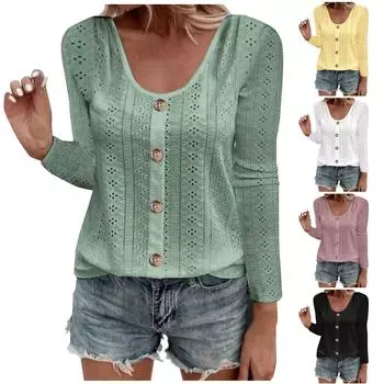 Женский топ с круглым вырезом и длинным рукавом, повседневная свободная однотонная однобортная футболка L чёрный