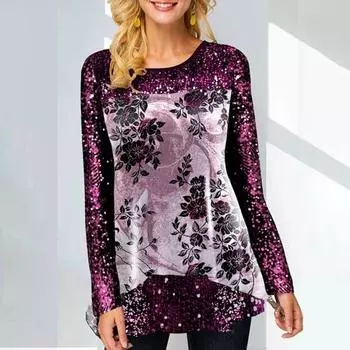 Женский топ с круглым вырезом и длинными рукавами с блестками, свободная лоскутная футболка с цветочным принтом, нерегулярный подол, свободная футболка средней длины для вечеринок S красный