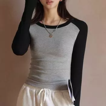 Женский топ с круглым вырезом и длинными рукавами для осени и зимы с плетением и цветовым столкновением S чёрный