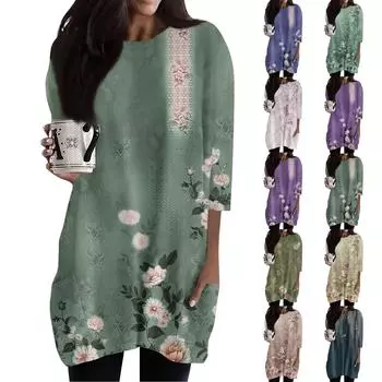 Женский топ с круглым вырезом и карманами с цветочным принтом, рукавом 3/4, топ с круглым вырезом, свободный повседневный топ XL синий