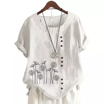 Женский топ с круглым вырезом и короткими рукавами, украшенный 11 яркими цветочными узорами S розовый