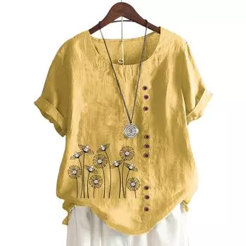 Женский топ с круглым вырезом и короткими рукавами, украшенный 11 яркими цветочными узорами S розовый