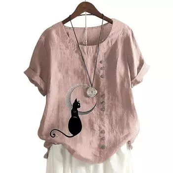 Женский топ с круглым вырезом и короткими рукавами, украшенный 11 яркими цветочными узорами S розовый