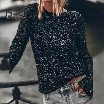 Женский топ с круглым вырезом и открытой спиной, блестящий длинный рукав, мягкий пуловер с пайетками, футболка для вечеринки и клуба, женская блузка L серебряный