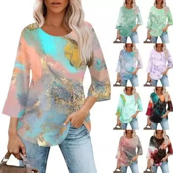 Женский топ с круглым вырезом и плиссировкой, рукав 3/4 с расклешенными рукавами и принтом XL