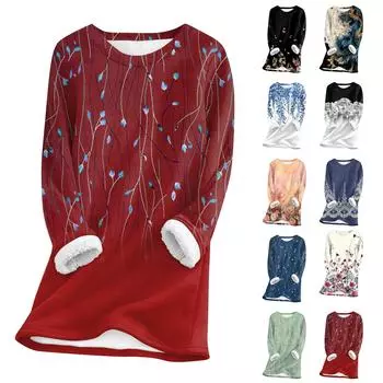 Женский топ с круглым вырезом и принтом из утолщенного плюша и кашемира, теплый длинный топ L чёрный