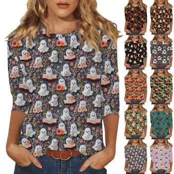 Женский топ с круглым вырезом и принтом на Хэллоуин с рукавами три четверти, повседневная футболка L