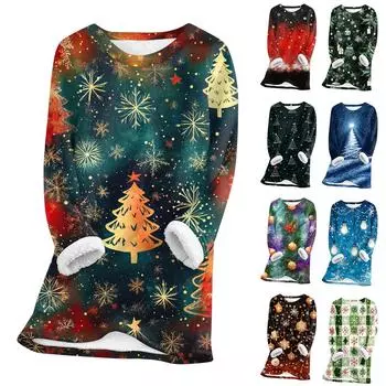 Женский топ с круглым вырезом и принтом из утолщенного плюша и кашемира, теплый длинный топ S винный