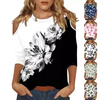 Женский топ с круглым вырезом и рукавами 3/4, с отверстиями L чёрный