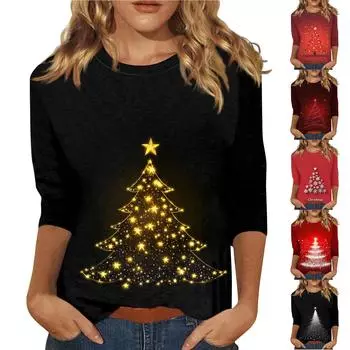 Женский топ с круглым вырезом и рукавом 3/4 с рождественским принтом XL белый