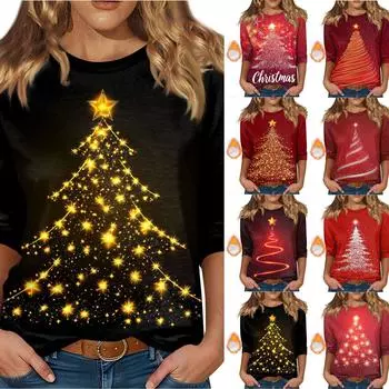 Женский топ с круглым вырезом и рукавом 3/4 с рождественским принтом L