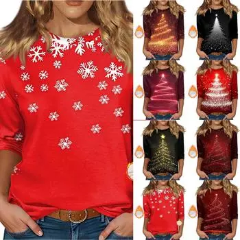 Женский топ с круглым вырезом и рукавом 3/4 с рождественским принтом L золотой