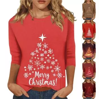 Женский топ с круглым вырезом и рукавом 3/4 с рождественским принтом S