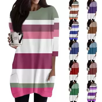 Женский топ с круглым вырезом, карманом, полосатым принтом, рукавом 3/4, топ с круглым вырезом, свободный повседневный топ L