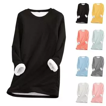 Женский топ с круглым вырезом, однотонный утепленный плюшевый кашемировый теплый длинный топ L синий