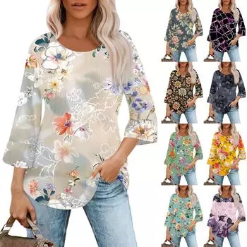 Женский топ с круглым вырезом, плиссировкой, цветочным принтом, рукавом 3/4, расклешенными рукавами XL
