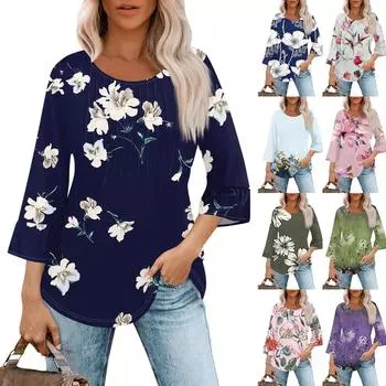 Женский топ с круглым вырезом, плиссировкой, цветочным принтом, рукавом 3/4, расклешенными рукавами M