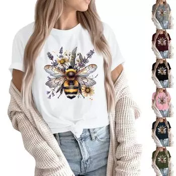 Женский топ с круглым вырезом, повседневный принт, футболка с короткими рукавами L винный