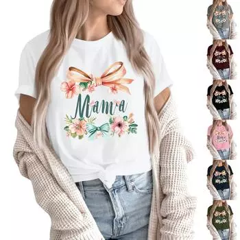 Женский топ с круглым вырезом, повседневный принт, футболка с короткими рукавами M винный