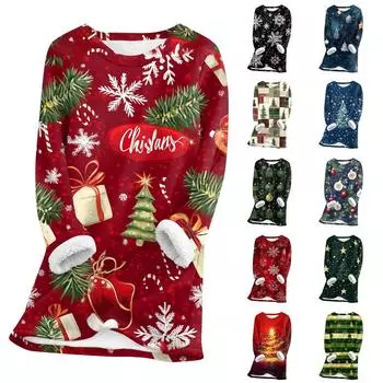 Женский топ с круглым вырезом, с принтом, утолщенный плюшевый кашемировый теплый длинный топ с длинными рукавами XXL