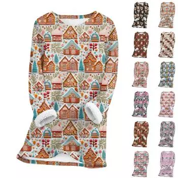 Женский топ с круглым вырезом, с принтом, утолщенный плюшевый кашемировый теплый длинный топ с длинными рукавами S красный