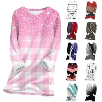 Женский топ с круглым вырезом, с принтом, утолщенный плюшевый кашемировый теплый длинный топ с длинными рукавами L чёрный