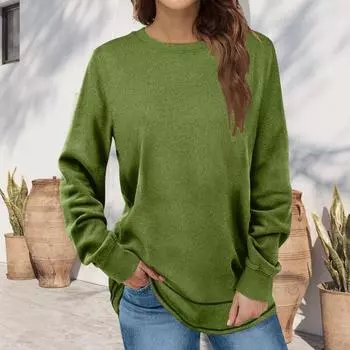 Женский топ с круглым вырезом средней длины, свободный однотонный свитер с длинными рукавами, эластичными манжетами и подолом, повседневная толстовка на весну и осень M красный