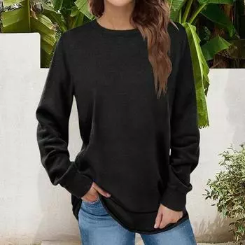 Женский топ с круглым вырезом средней длины, свободный однотонный свитер с длинными рукавами, эластичными манжетами и подолом, повседневная толстовка на весну и осень M зелёный