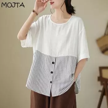 Женский топ с круглым вырезом, свободная полосатая рубашка с короткими рукавами и пуговицами, футболка one size белый