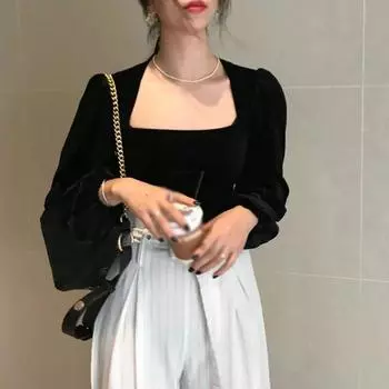 Женский топ с квадратным вырезом, однотонные шикарные и элегантные облегающие осенние наряды, футболки с длинными рукавами и пышными рукавами, футболки