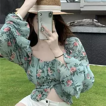 Женский топ с квадратным вырезом, шикарные и элегантные облегающие осенние наряды с цветочным принтом, футболки с длинными рукавами и пышными рукавами, футболки