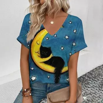 Женский топ с милым принтом кота, свободная футболка большого размера, повседневный персонализированный летний трендовый топ с коротким рукавом и V-образным вырезом S
