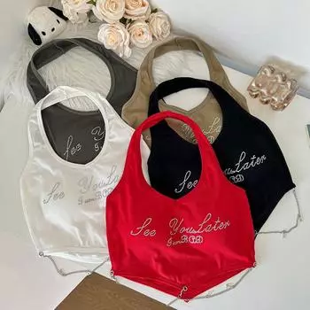 Женский топ с нерегулярной бретелькой и открытой спиной, с ромбовидной цепочкой и буквами, тонкий топ с накладкой на груди One Size чёрный