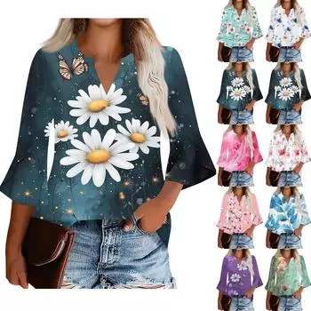 Женский топ с оборками на шее и рукавами три четверти с растительным принтом L зелёный