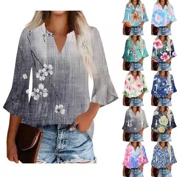 Женский топ с оборками на шее и рукавами три четверти с растительным принтом M