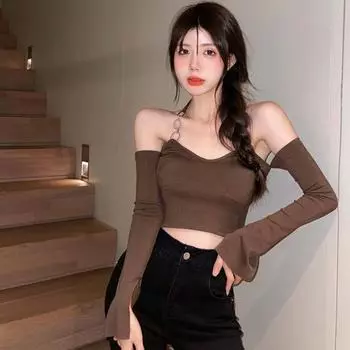 Женский топ с открытыми плечами, футболка с лямкой на шее, модный сексуальный укороченный топ с открытой спиной One size