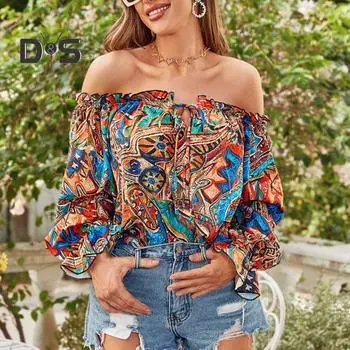 Женский топ с открытыми плечами, гофрированная спинка с длинным рукавом, красочный принт, шнуровка, свободные рукава-фонарики, мягкая дышащая блузка для выпускного отпуска, женский топ S разноцветный