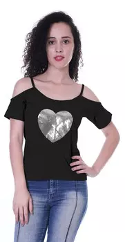 Женский топ с открытыми плечами Moomaya и короткой летней туникой с нашивкой в виде сердца с пайетками, L чёрный