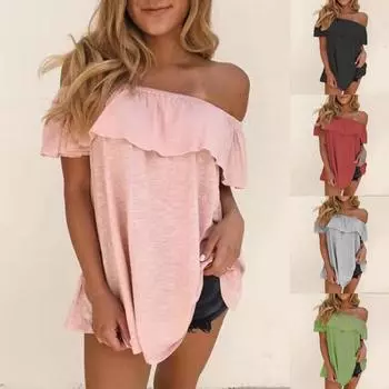 Женский топ с открытыми плечами, однотонная футболка с короткими рукавами и оборками
