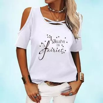 Женский топ с открытыми плечами, повседневная летняя футболка с круглым вырезом, модная свободная футболка с коротким рукавом с принтом S розовый