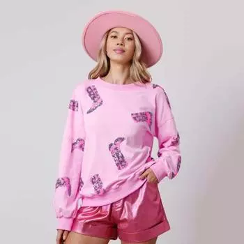 Женский топ с пайетками, узором из сапог с длинными рукавами, эластичными манжетами, свободным круглым вырезом, толстовка средней длины, повседневная одежда на День святого Валентина XL хаки